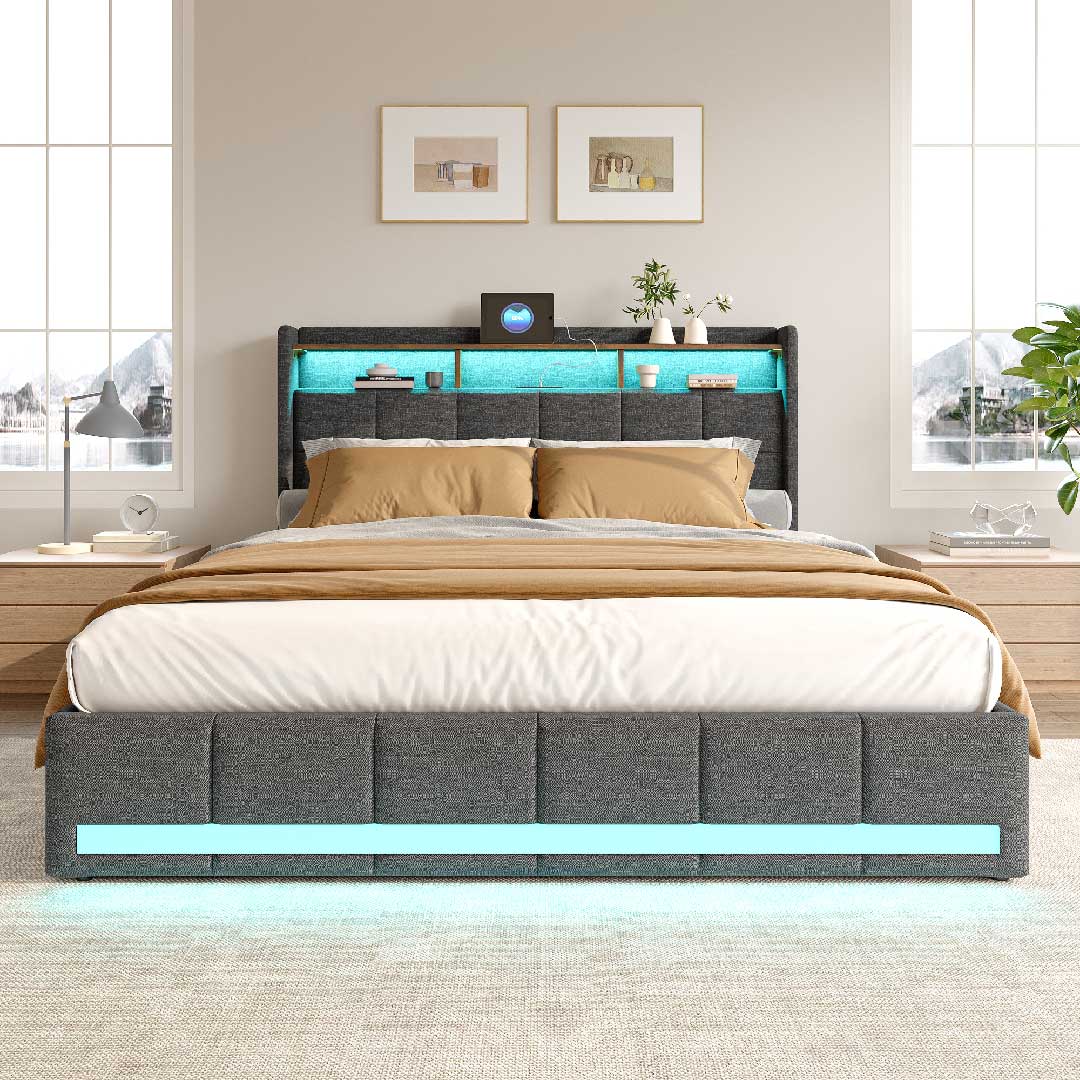 Modernes Yelenaro Leinenbett mit LED-Beleuchtung, USB-Anschluss und 4 Schubladen – stilvolles Polsterbett in Grau für elegantes Schlafzimmer.