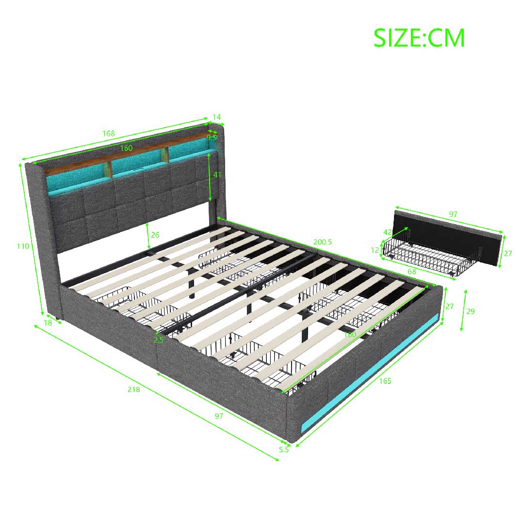 Yelenaro Leinenbett 160x200 cm mit LED-Beleuchtung und USB-Anschlüssen – modernes Stauraumbett mit gepolstertem Kopfteil und 4 Schubladen.