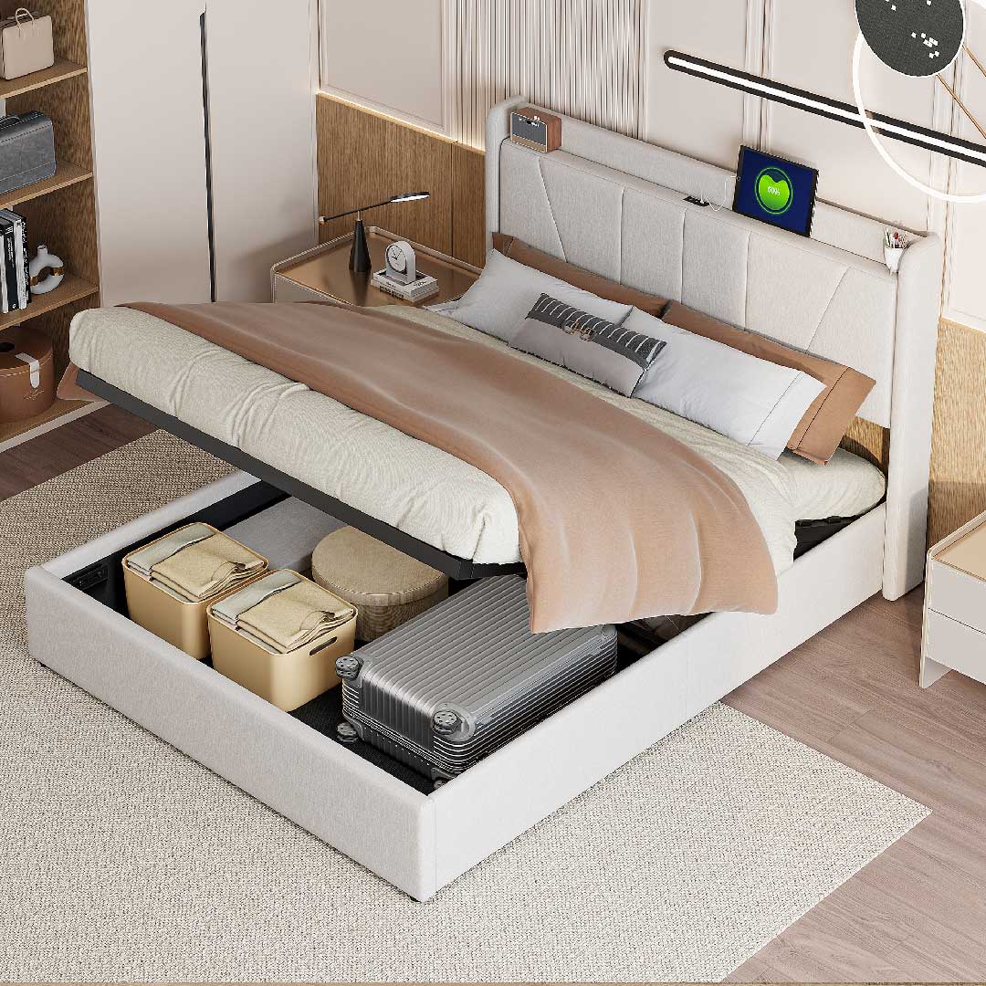 Yelenaro Polsterbett mit hydraulischem Liftsystem – großes Stauraumbett in Beige mit USB- und Type-C-Anschlüssen für moderne Schlafzimmer.