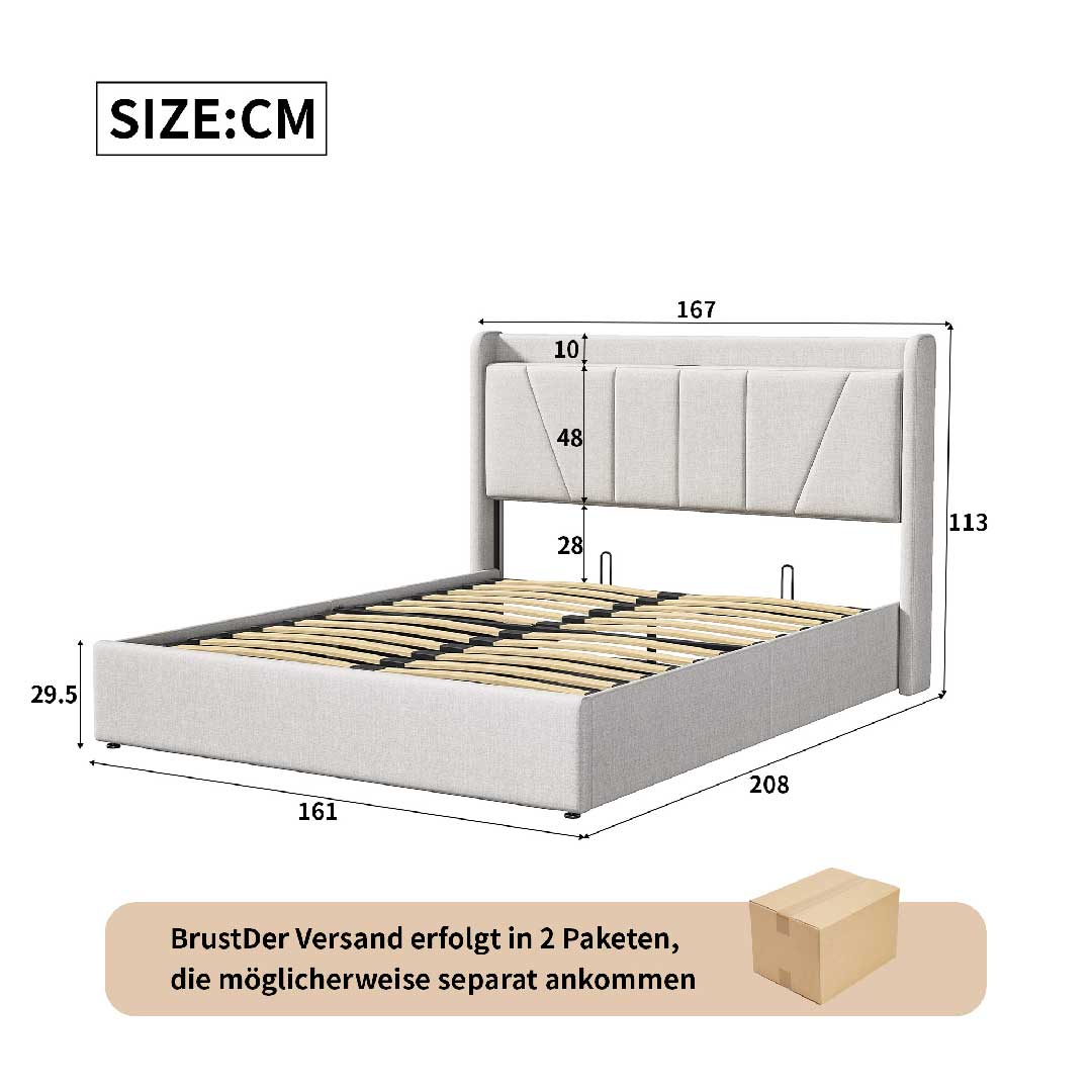 Größenangaben des Yelenaro Polsterbetts 160x200 cm in Beige – Leinenbett mit USB-Anschluss und hydraulischem Stauraumsystem.