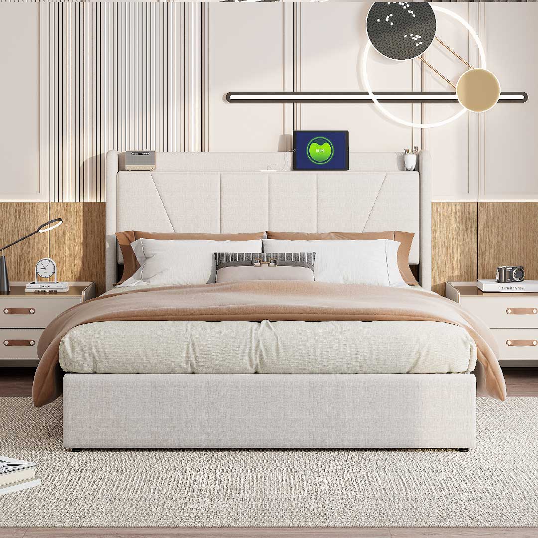 Elegantes Schlafzimmer mit Yelenaro Polsterbett in Beige – modernes Bettgestell mit USB-Ports, Leinenbezug und großzügigem Stauraum.