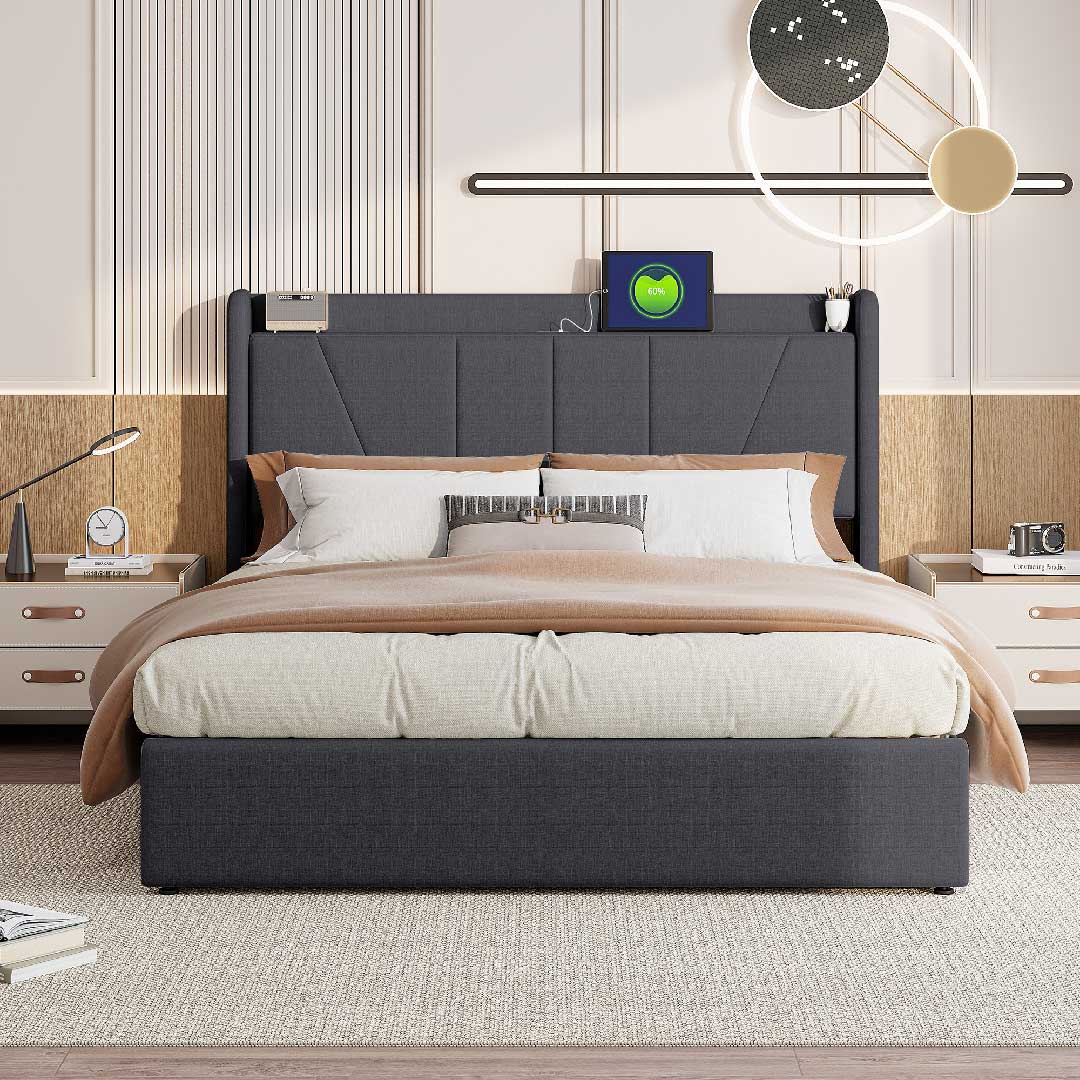 Modernes Schlafzimmer mit Yelenaro Polsterbett in Grau – elegantes Leinenbett mit USB-Anschluss und verstecktem Stauraum im Bettkasten.