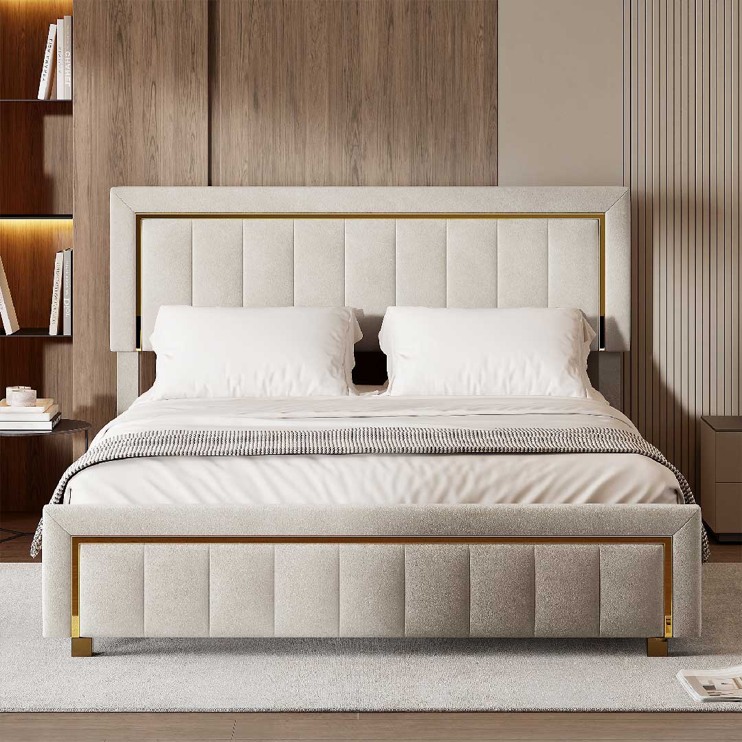 Cremefarbenes Yelenaro Samt-Polsterbett mit Stauraum im modernen Schlafzimmer, elegantes Design 140/160×200 cm