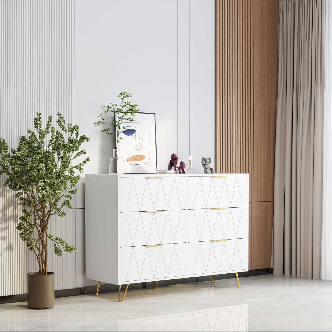 Yelenaro Kommode Weiß mit 4/6 Schubladen & Goldgriffen