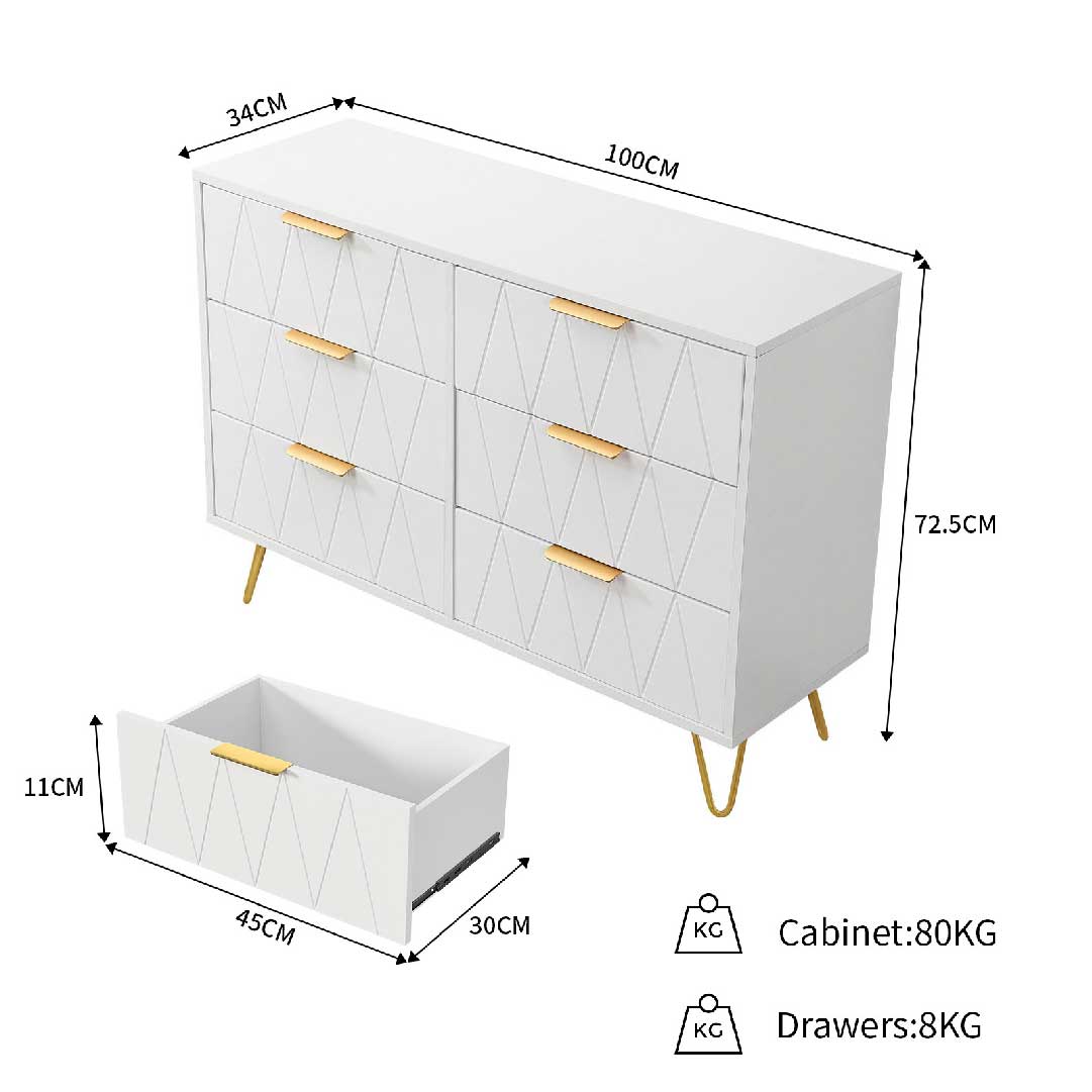 Yelenaro Kommode Weiß mit 4/6 Schubladen & Goldgriffen