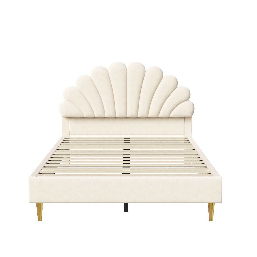 Frontansicht des Yelenaro Blumenform-Polsterbetts – Samtbett 140x200 cm mit gepolstertem Blütenkopfteil und stabilem Lattenrost.