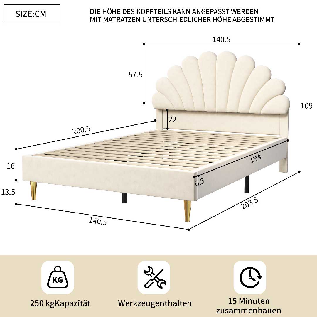 Größenangaben des Yelenaro Blumenform-Polsterbetts 140x200 cm – Samtbett mit verstellbarem Kopfteil und stabiler Holzstruktur.