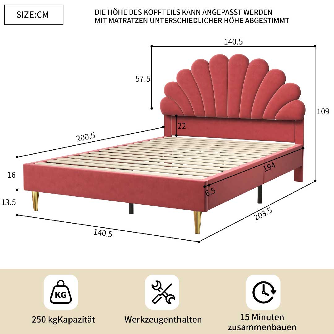 Yelenaro Blumenform Polsterbett 140x200cm – Samt Jugendbett für Mädchen