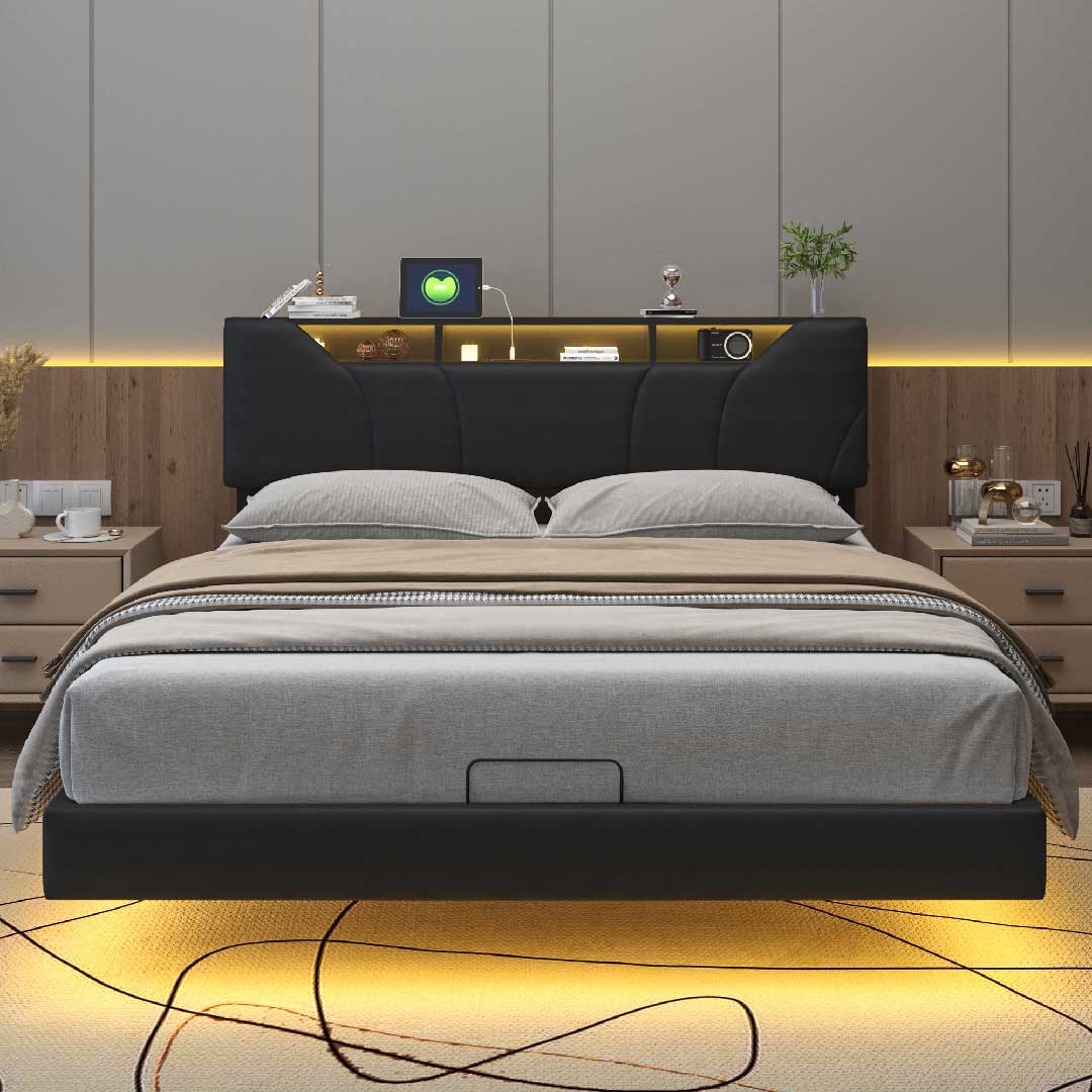 Yelenaro LED-Polsterbett mit Stauraum & USB – Hydraulikbett aus schwarzem PU