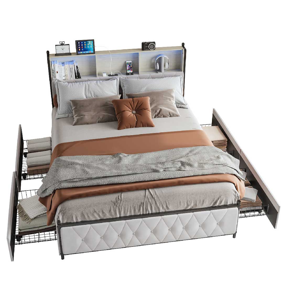 YELENARO LED-Polsterbett 140/160/180 ×200cm – Mit USB & Stauraum