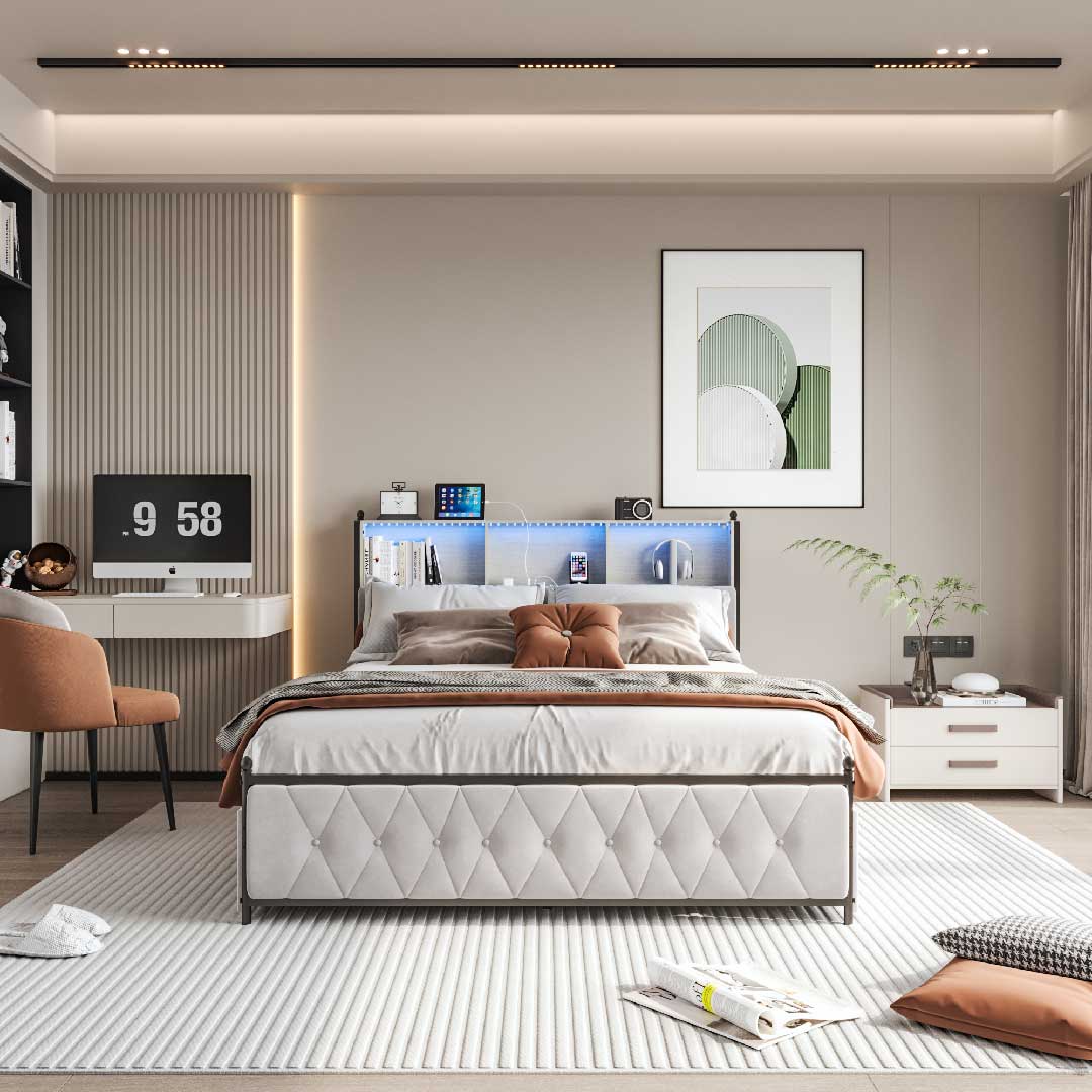 YELENARO LED-Polsterbett 140/160/180 ×200cm – Mit USB & Stauraum