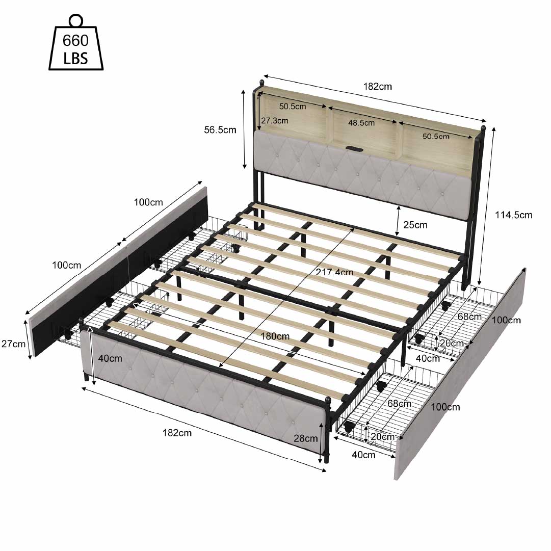 Polsterbett 180×200 cm mit LED-Beleuchtung, USB-Anschluss und Stauraum – technische Abmessungen und Schubladenübersicht