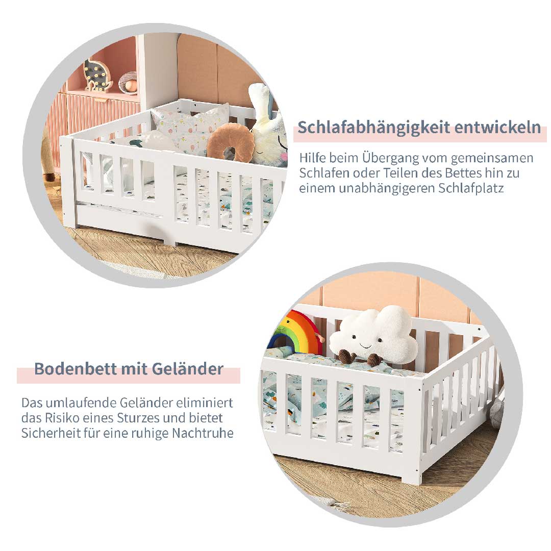 Yelenaro Montessori Kinderbett 90x200 mit Rausfallschutz Weiß