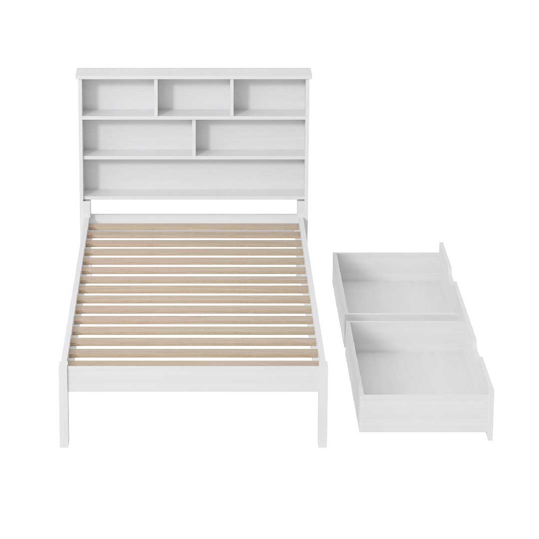 Yelenaro Kinderbett 90x200 aus Massivholz mit Regal-Kopfteil und Schubladen – praktisches Stauraumbett für Kinderzimmer in Weiß.