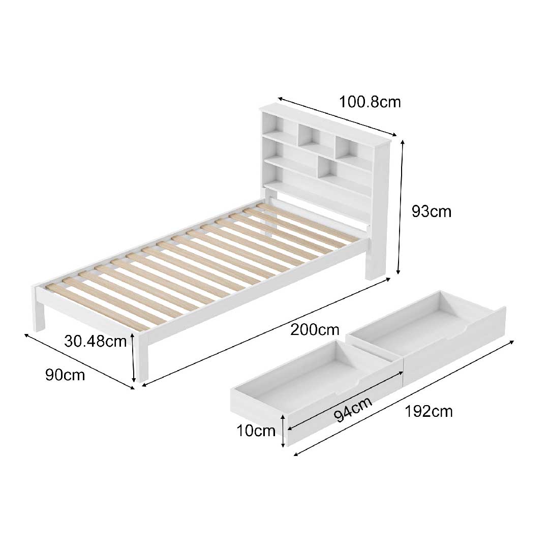 Abmessungen des Yelenaro Holz-Kinderbetts 90x200 cm – Bett mit Regal-Kopfteil und zwei großen Unterbett-Schubladen.