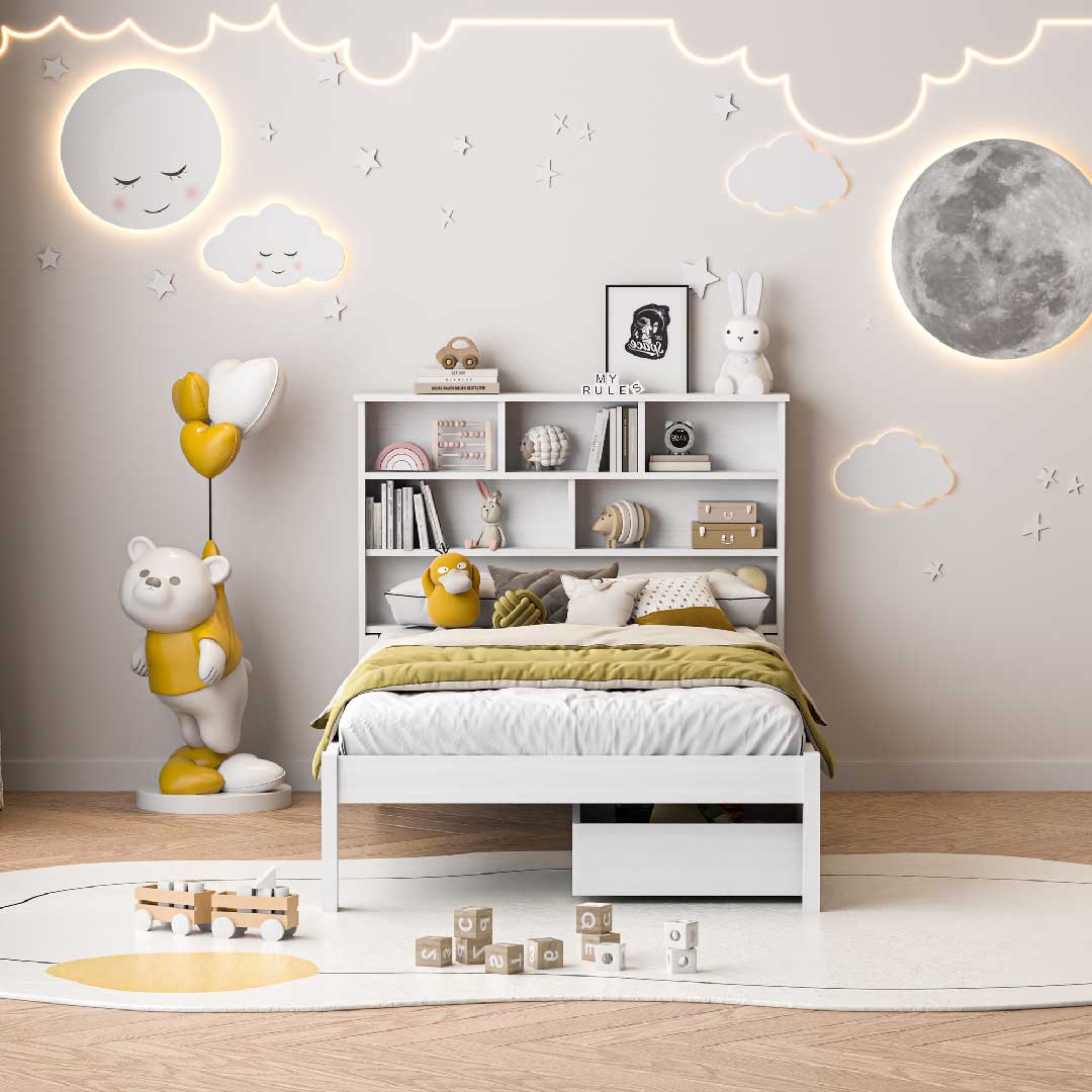 Yelenaro Kinderbett mit Bücherregal und Stauraum – weißes Holzdesign mit zwei Schubladen, ideal für Kinder- und Jugendzimmer.
