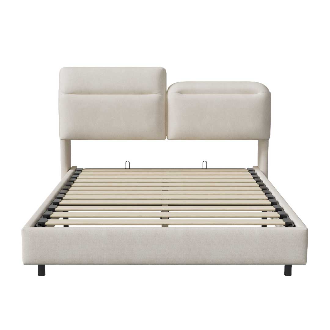 YELENARO Polsterbett 140×200cm mit verstellbarem Kopfteil & Stauraum – Hydraulisches Doppelbett mit LED-Beleuchtung, Lattenrost & Samtbezug in Beige