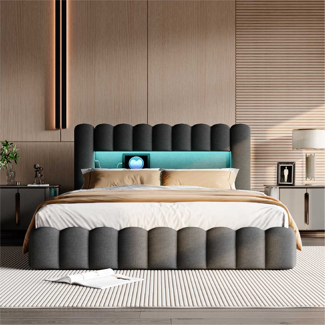Yelenaro LED Polsterbett in Dunkelgrau, modernes Doppelbett mit gepolstertem Kopfteil, RGB-LED-Beleuchtung, Lattenrost und USB-Anschluss im Schlafzimmer