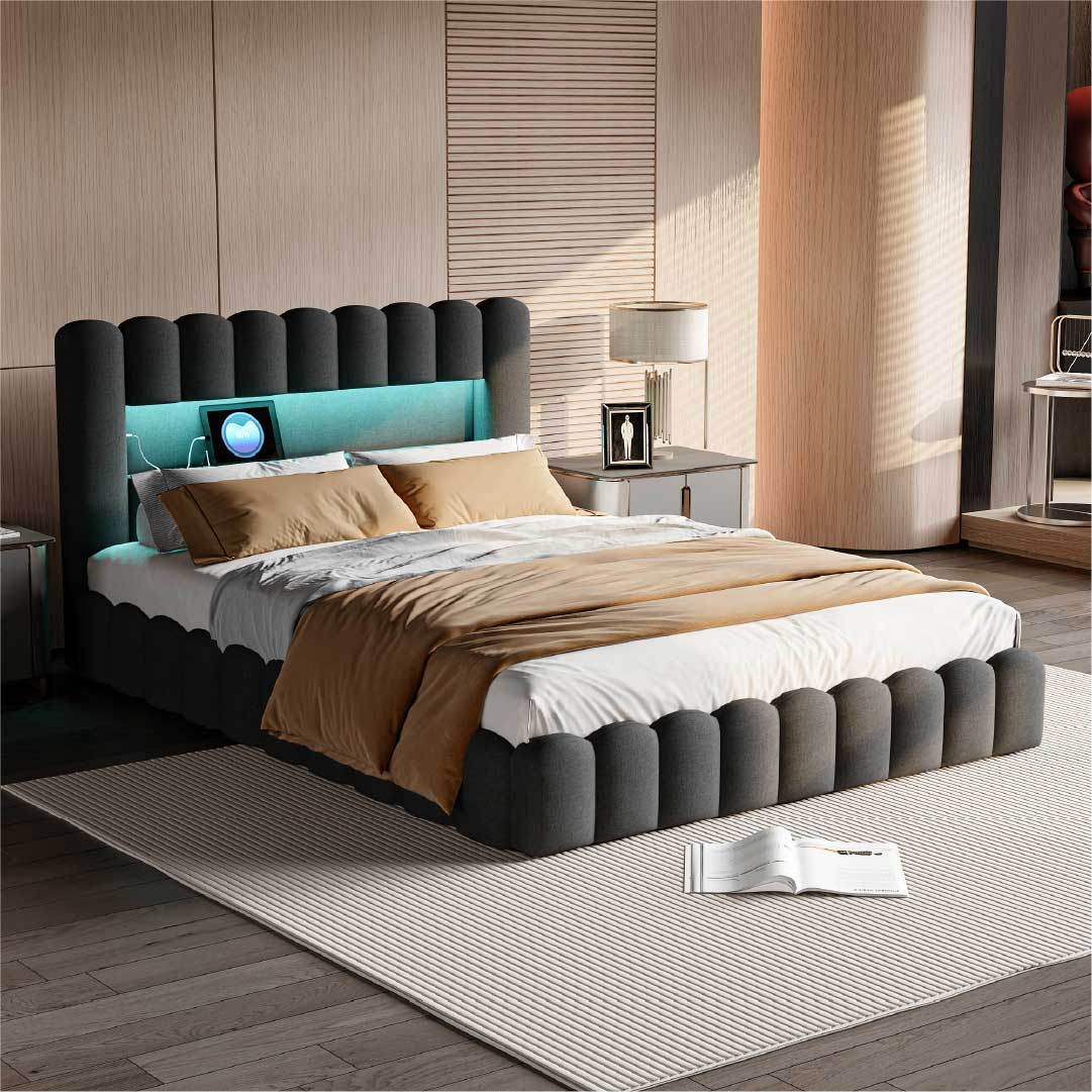 Modernes LED Polsterbett Dunkelgrau von Yelenaro mit Stauraum und USB-Port, weiches Stoffpolster, elegantes Design für modernes Schlafzimmer