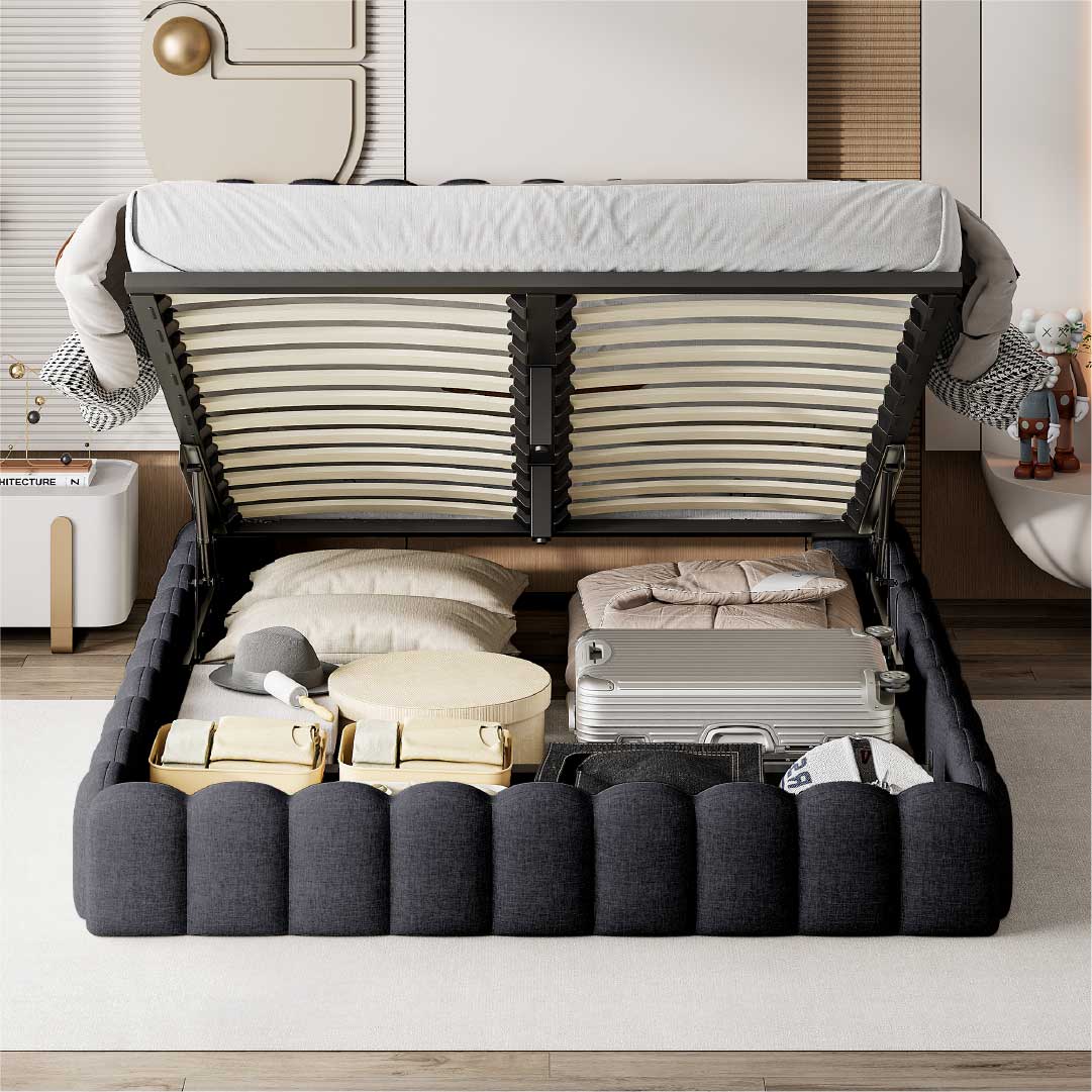 Yelenaro LED Polsterbett Dunkelgrau mit hydraulischem Stauraum, großer Bettkasten unter dem Lattenrost für Kissen, Decken und Gepäck