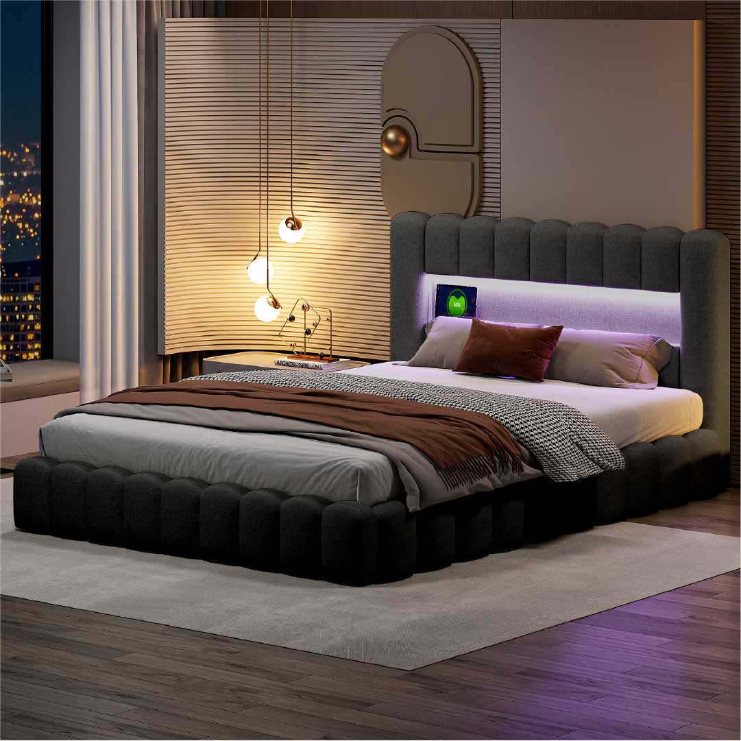 LED Polsterbett Dunkelgrau mit RGB-Beleuchtung im Kopfteil, App- und Fernbedienungsteuerung, modernes Ambiente im Schlafzimmer bei Nacht
