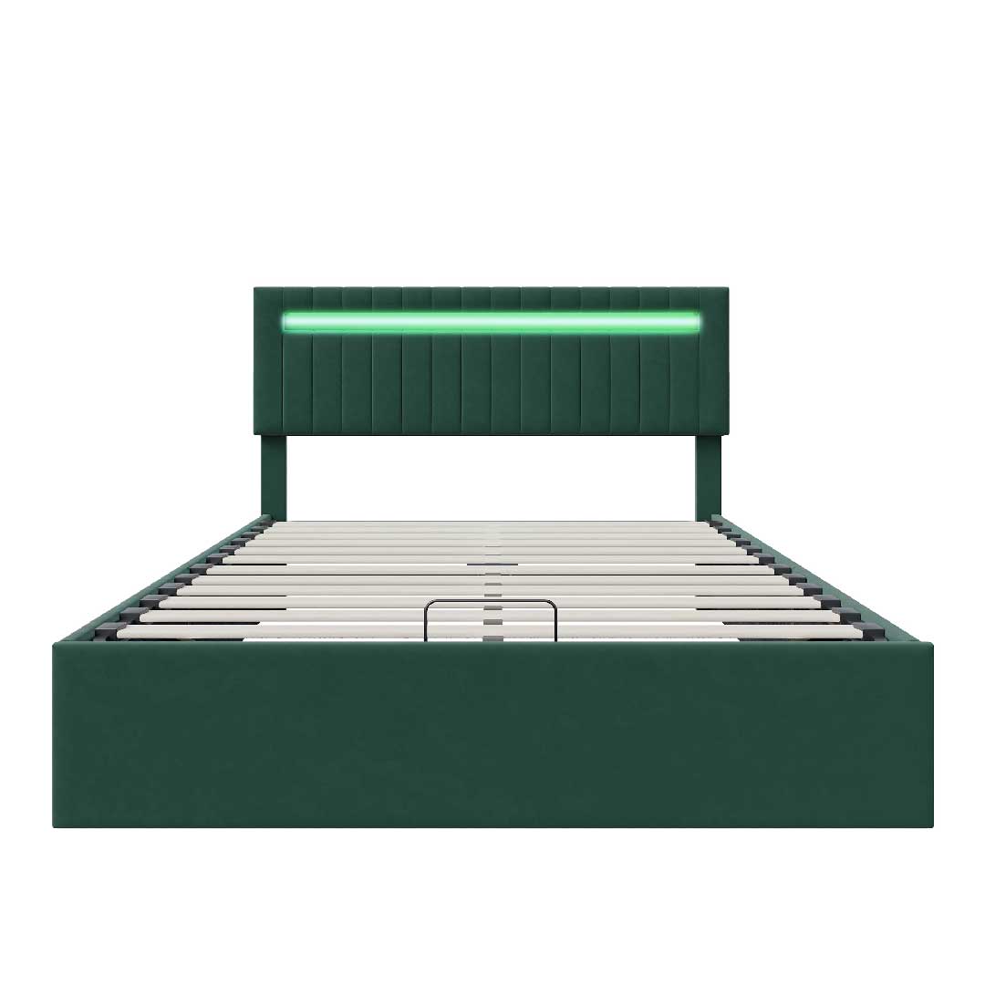YELENARO Polsterbett 160x200 Grün Samt – LED Hydraulikbett mit Stauraum & Verstellbarem Kopfteil