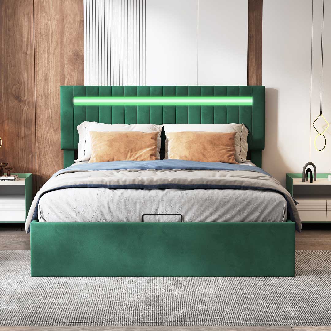 YELENARO Polsterbett 160x200 Grün Samt – LED Hydraulikbett mit Stauraum & Verstellbarem Kopfteil