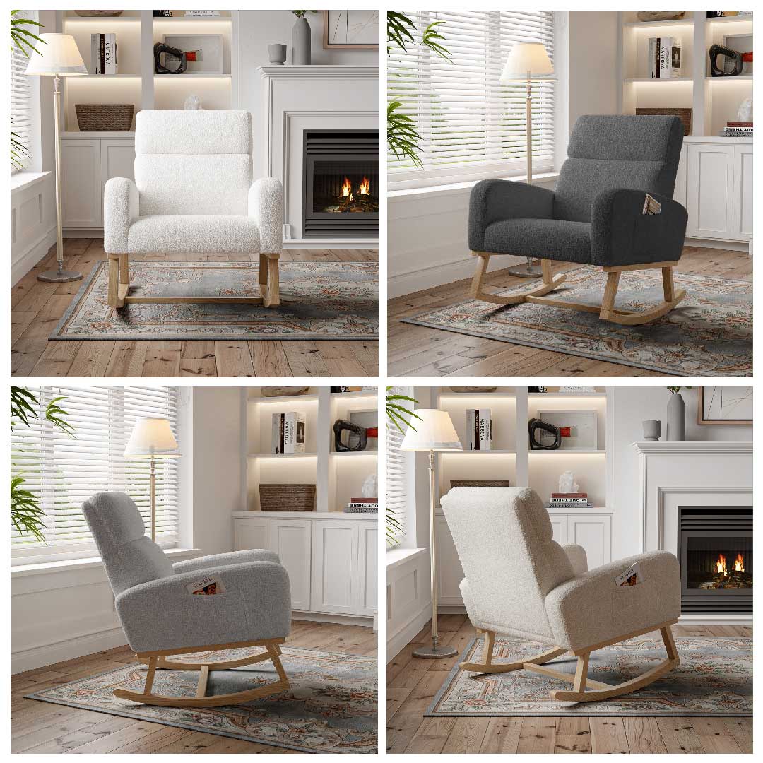 Yelenaro Schaukelstuhlsofa Dunkelgrau – Teddy Relaxsessel mit Holzsockel & Seitentaschen