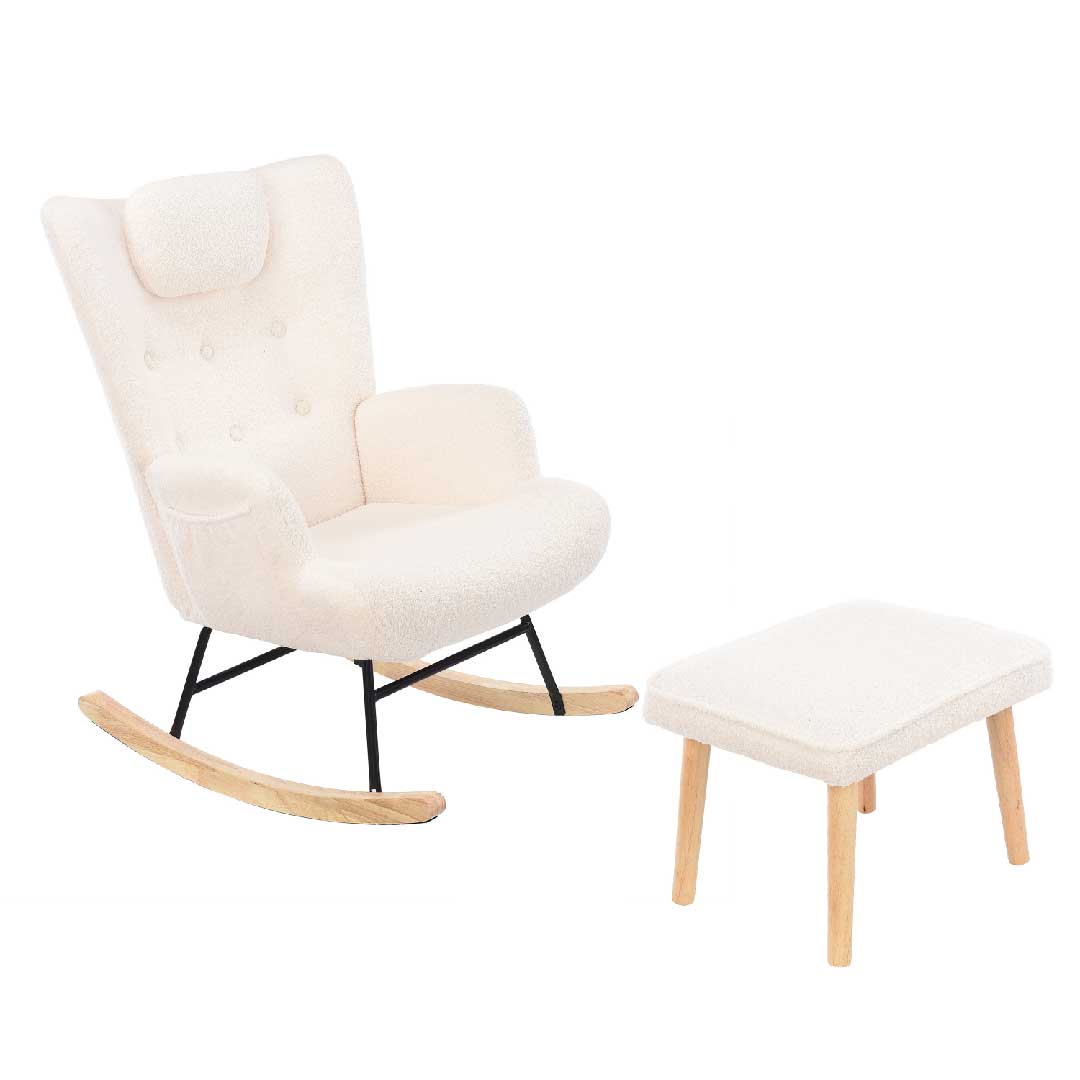 Yelenaro Bouclé Schaukelstuhl mit Hocker – Teddy Relaxsessel mit Kopfstütze & Seitentasche, Komfort-Sessel für Wohnzimmer & Babyzimmer