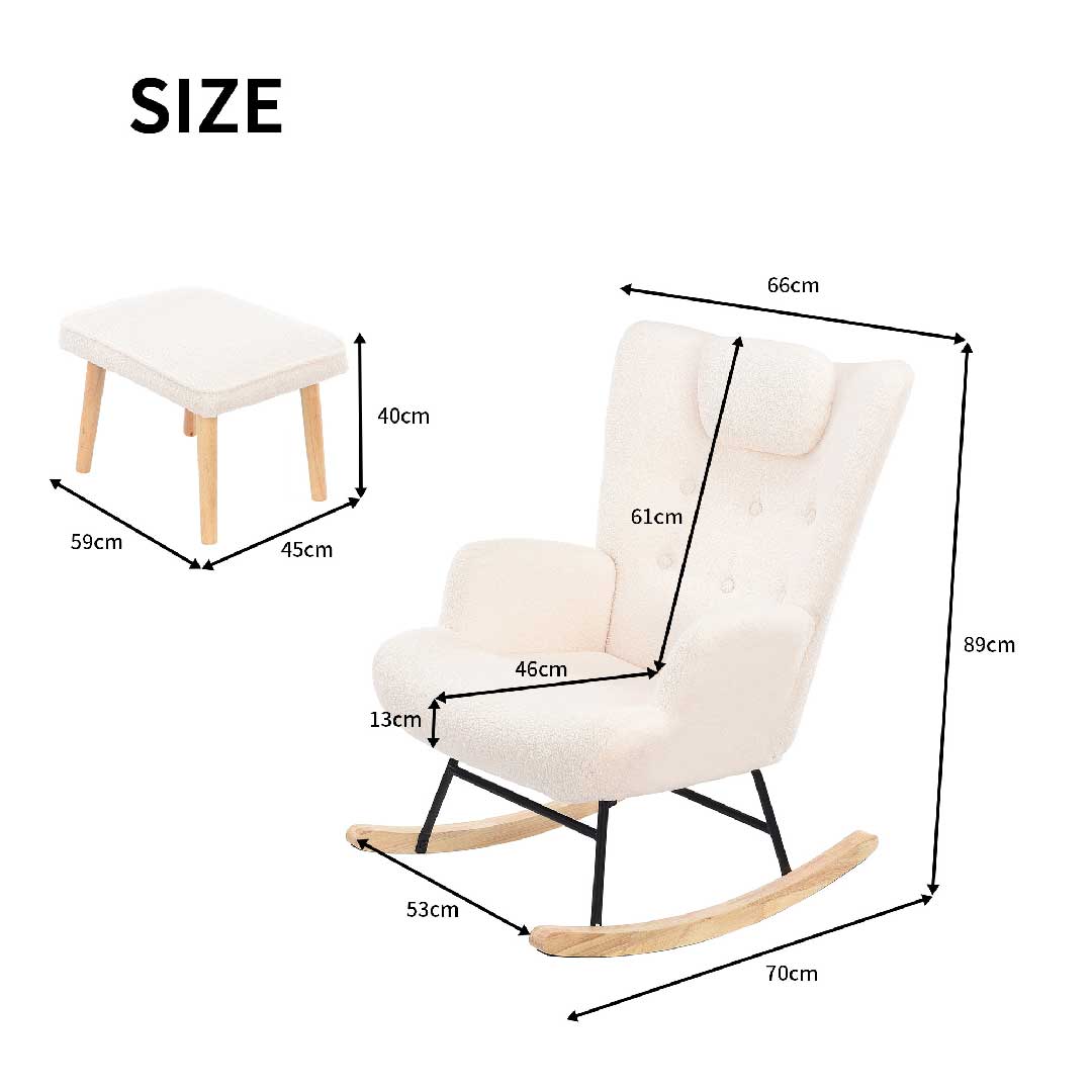 Yelenaro Bouclé Schaukelstuhl mit Hocker – Teddy Relaxsessel mit Kopfstütze & Seitentasche, Komfort-Sessel für Wohnzimmer & Babyzimmer