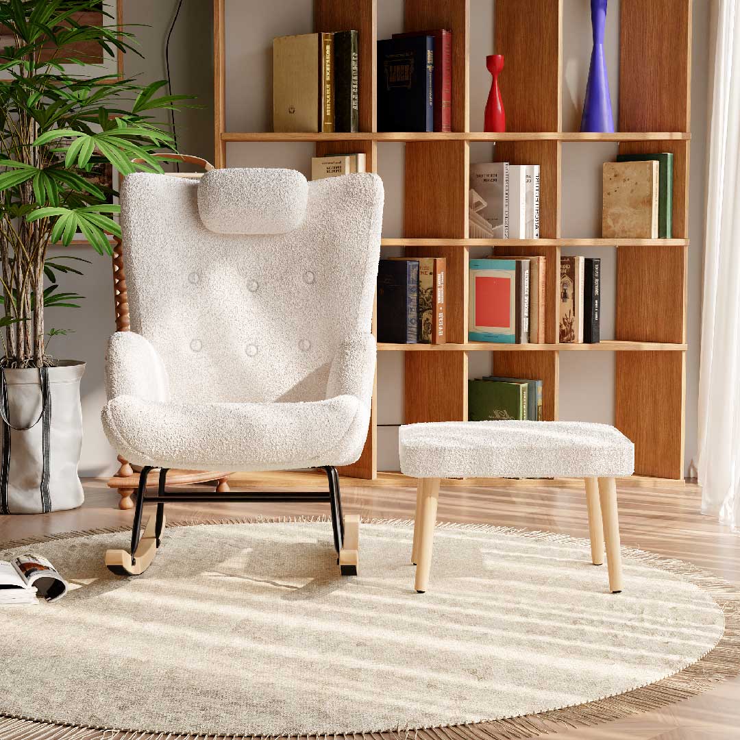 Yelenaro Bouclé Schaukelstuhl mit Hocker – Teddy Relaxsessel mit Kopfstütze & Seitentasche, Komfort-Sessel für Wohnzimmer & Babyzimmer