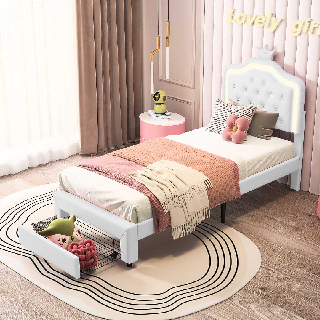 Yelenaro Kinderbett 90/140 ×200 cm – Polsterbett für Mädchen mit LED-Beleuchtung, verstellbarem Kopfteil & Schublade, PU Leder Weiß / Rosa