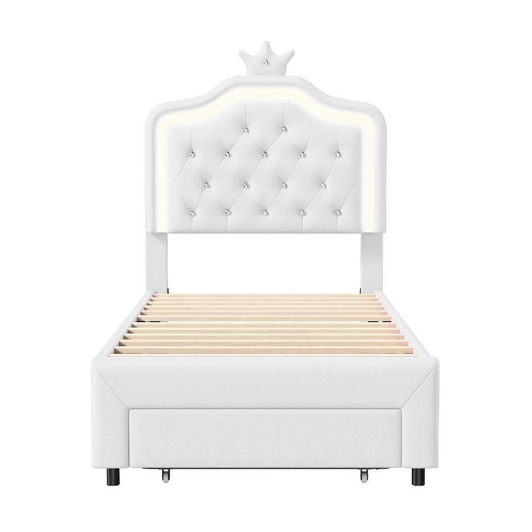 Yelenaro Kinderbett 90/140 ×200 cm – Polsterbett für Mädchen mit LED-Beleuchtung, verstellbarem Kopfteil & Schublade, PU Leder Weiß / Rosa