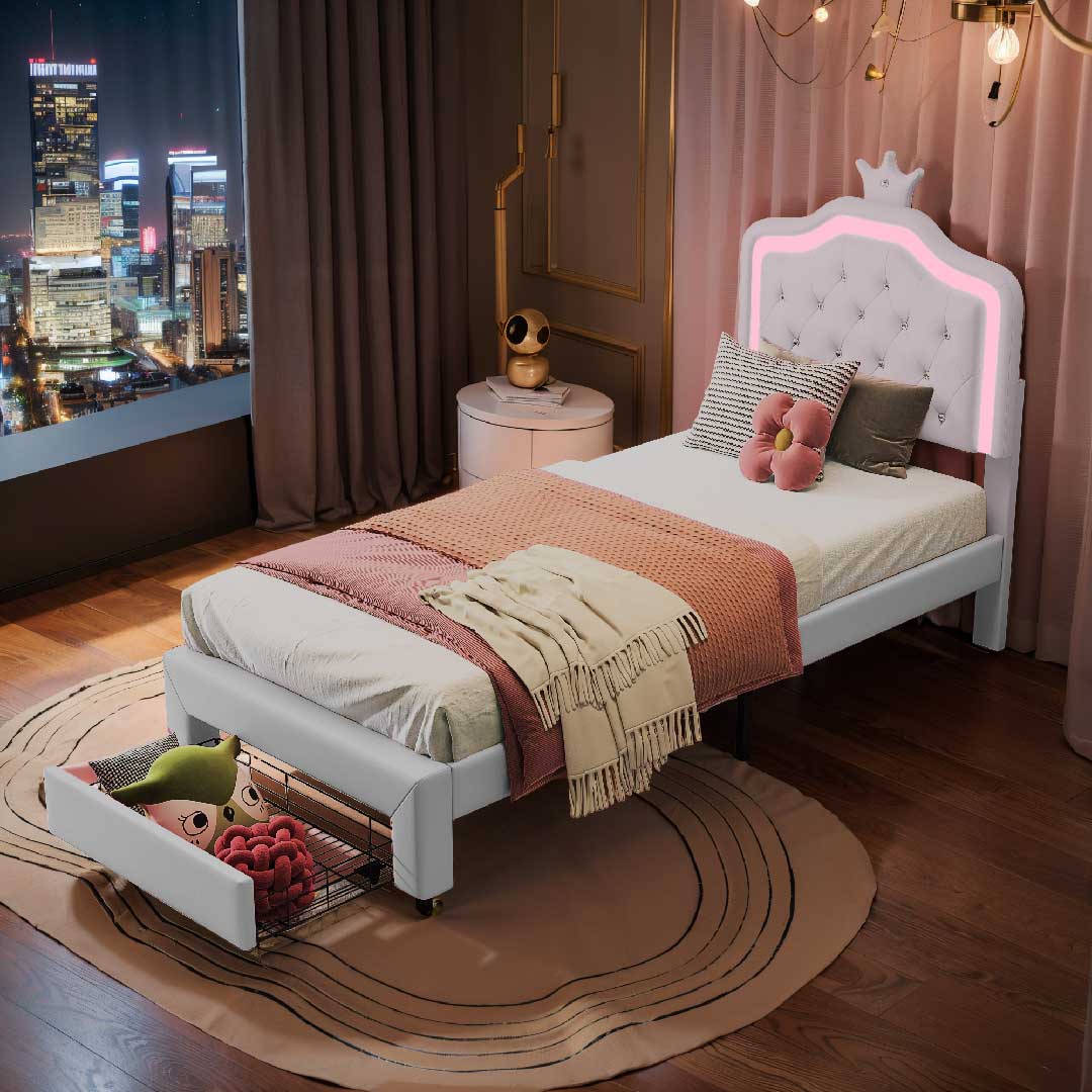 Yelenaro Kinderbett 90/140 ×200 cm – Polsterbett für Mädchen mit LED-Beleuchtung, verstellbarem Kopfteil & Schublade, PU Leder Weiß / Rosa