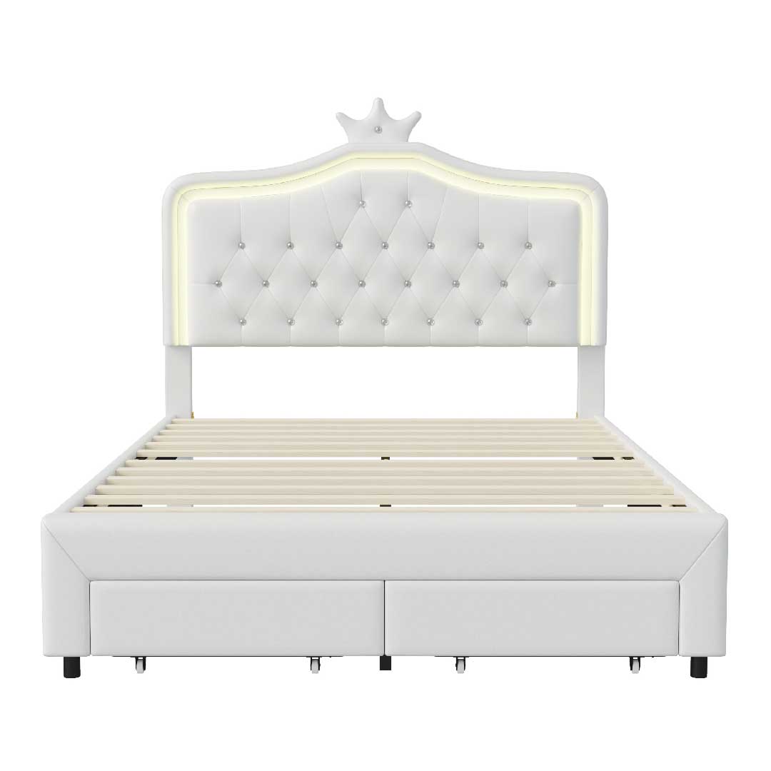 Yelenaro Kinderbett 90/140 ×200 cm – Polsterbett für Mädchen mit LED-Beleuchtung, verstellbarem Kopfteil & Schublade, PU Leder Weiß / Rosa