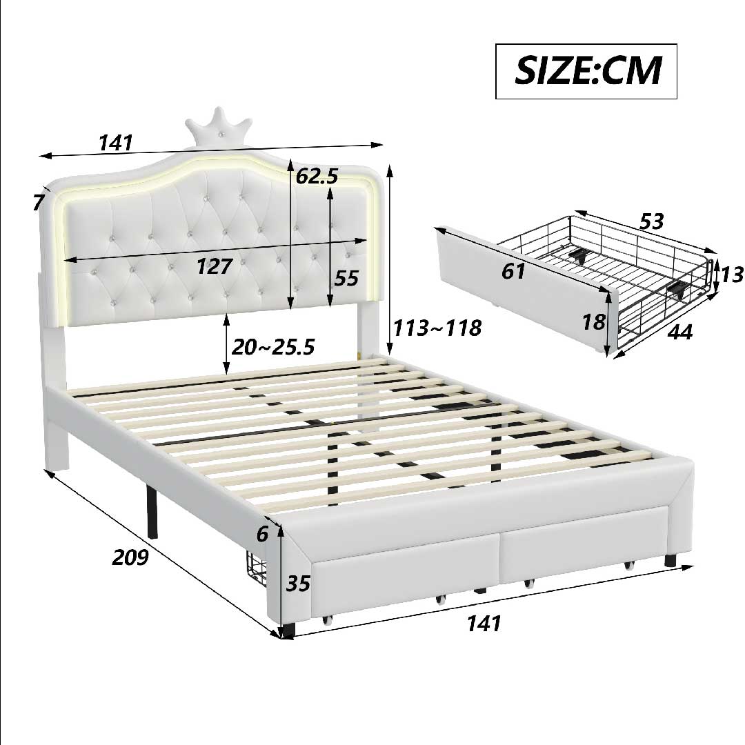 Yelenaro Kinderbett 90/140 ×200 cm – Polsterbett für Mädchen mit LED-Beleuchtung, verstellbarem Kopfteil & Schublade, PU Leder Weiß / Rosa