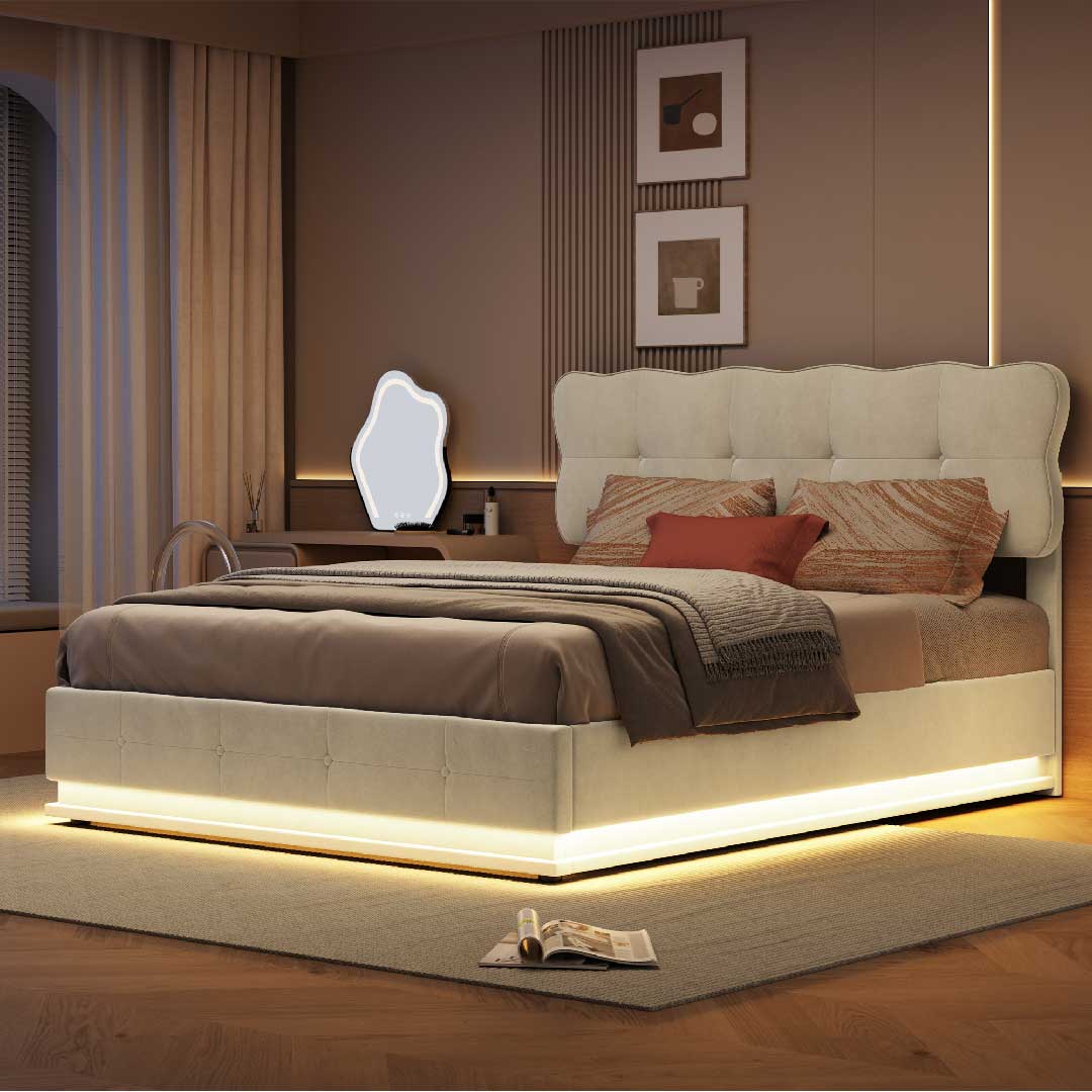 Yelenaro Polsterbett mit LED-Beleuchtung, elegantes Samtbett mit indirektem Licht für modernes Schlafzimmer