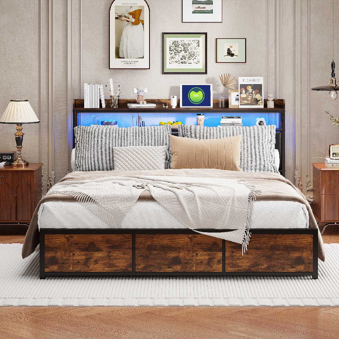 Yelenaro LED-Stauraumbett aus Metall und Holz mit blauer Beleuchtung, gepolstertem Kopfteil und vier Schubladen für moderne Schlafzimmer.