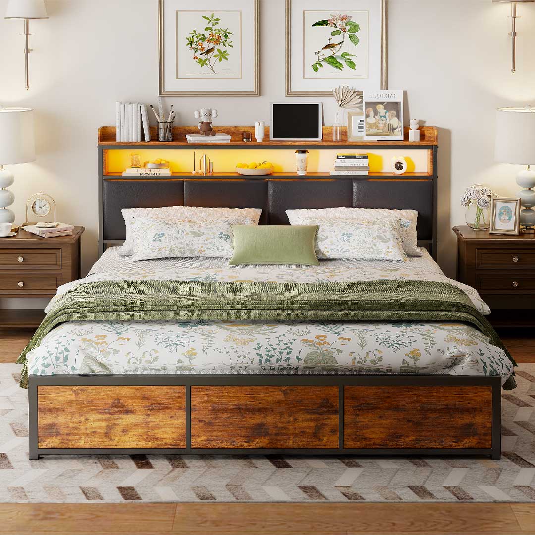 Yelenaro Doppelbett mit LED-Licht und 4 Schubladen – industrielles Holz-Metall-Design mit gepolstertem Kopfteil und Regalablage.