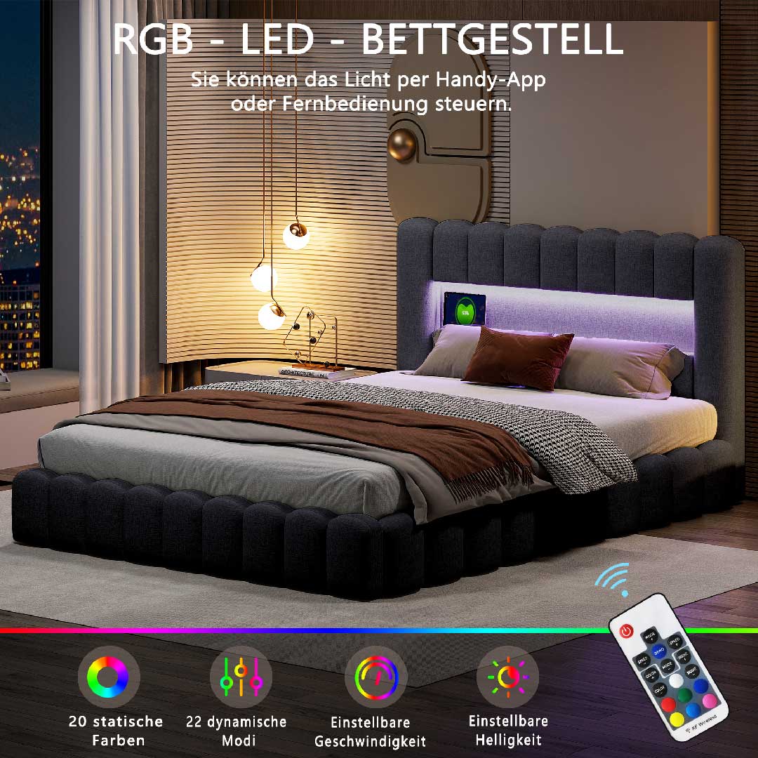 Yelenaro LED Polsterbett 180×200 cm mit Stauraum & USB-Anschluss – Modernes Doppelbett mit Lattenrost, Leinen / Samt