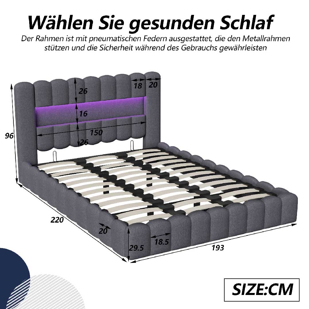 Yelenaro LED Polsterbett 180×200 cm mit Stauraum & USB-Anschluss – Modernes Doppelbett mit Lattenrost, Leinen / Samt