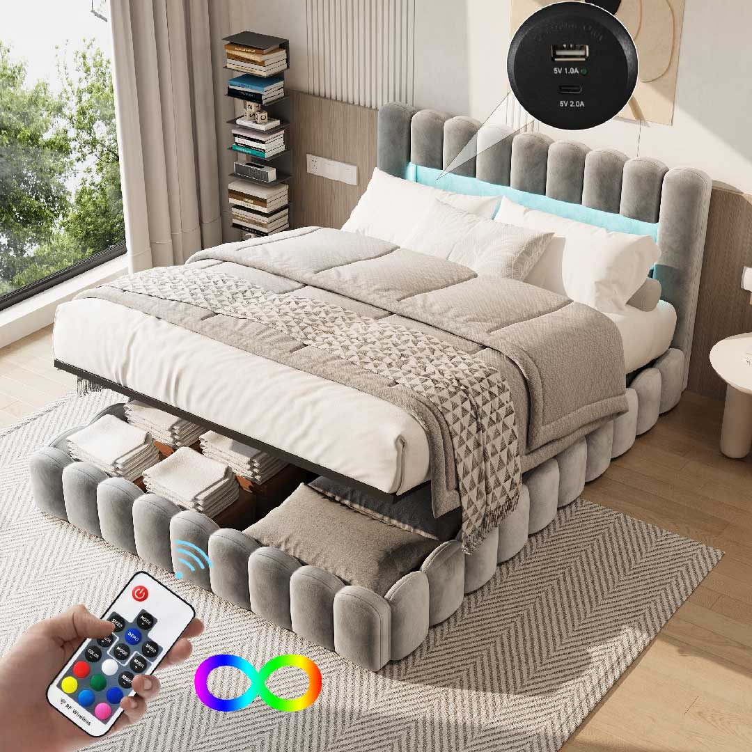 Yelenaro LED Polsterbett 180×200 cm mit Stauraum & USB-Anschluss – Modernes Doppelbett mit Lattenrost, Leinen / Samt