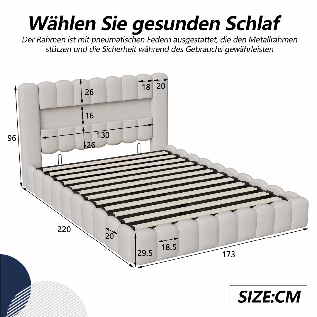 Yelenaro LED Polsterbett Beige 160x200 cm, technische Abmessungen, Doppelbett mit LED-Beleuchtung und USB-Anschluss