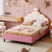 Kinderbett Mädchen mit LED & Samt – Höhenverstellbares Polsterbett 90x200 / 140x200 cm