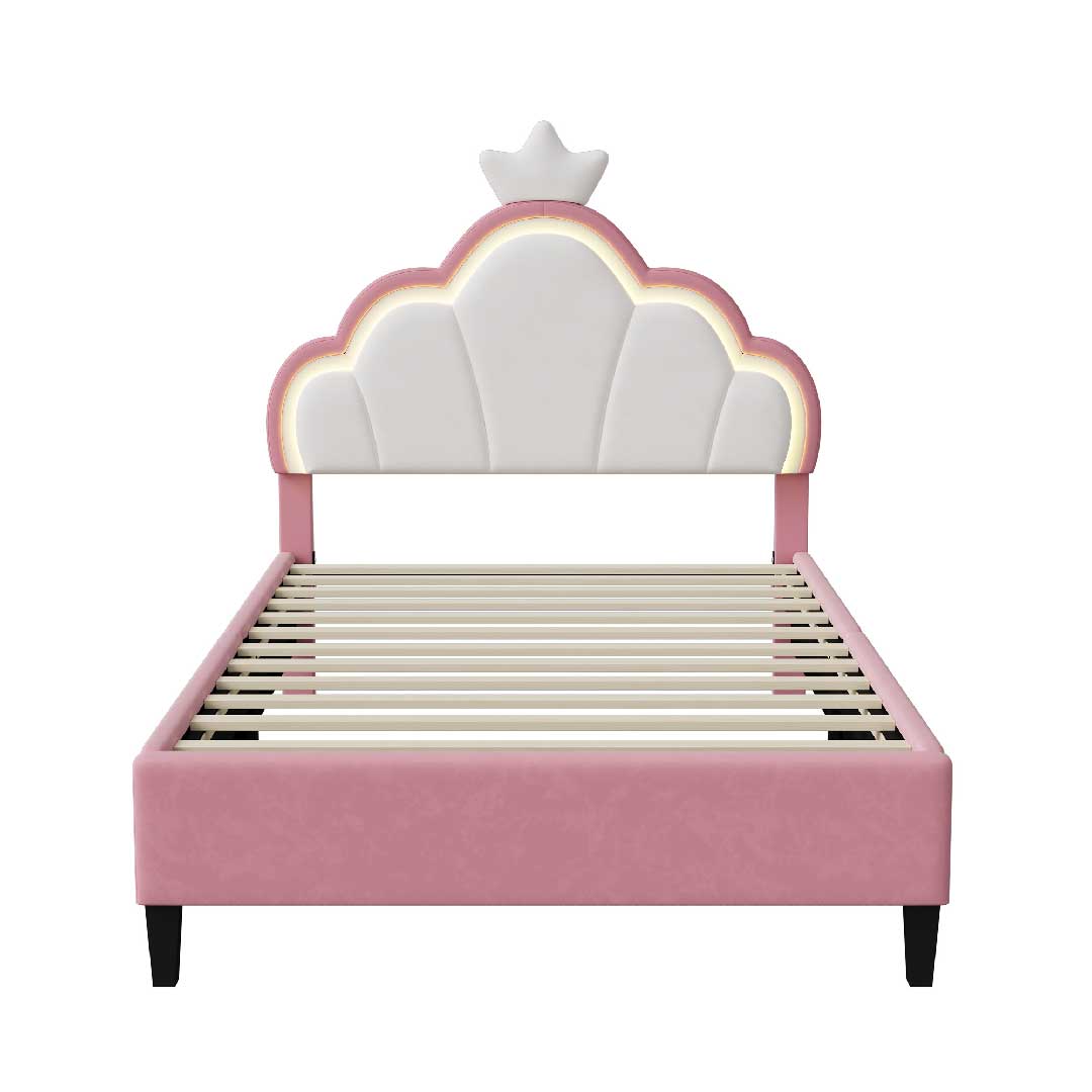 Kinderbett Mädchen mit LED & Samt – Höhenverstellbares Polsterbett 90x200 / 140x200 cm