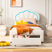 Elegantes Yelenaro LED-Polsterbett 90x200 cm in Weiß – Kinderbett mit Muschel-Kopfteil, Schublade und sanfter LED-Beleuchtung.