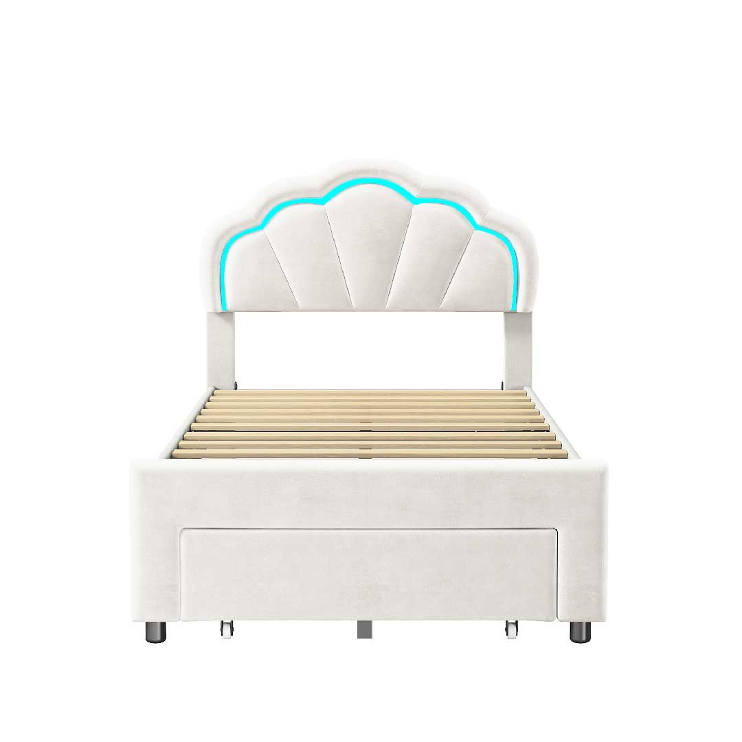 Yelenaro LED-Polsterbett 90x200 cm – Kinderbett mit Muschel-Kopfteil, LED-Beleuchtung und Schublade für stilvolle Kinderzimmer.
