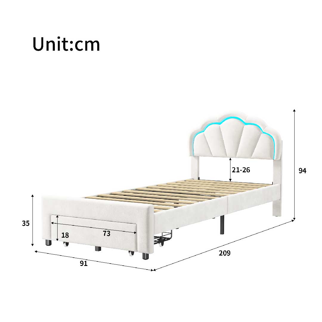 Maße des Yelenaro LED-Kinderbetts 90x200 cm – Samt-Polsterbett mit LED-Licht und praktischem Stauraum unter dem Bett.