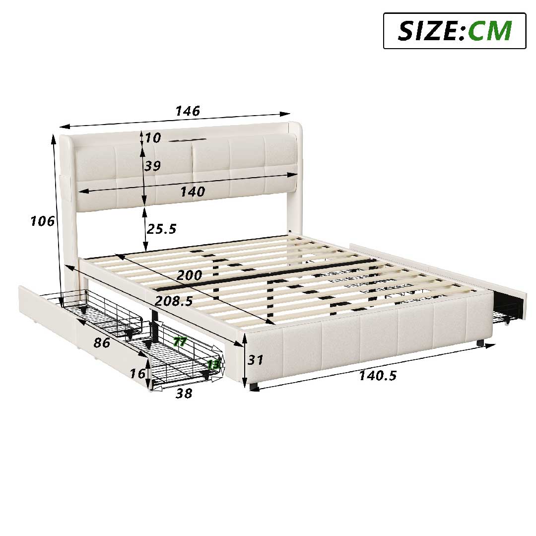 Größenangaben des Yelenaro Polsterbetts 140x200 cm – LED-Bett mit USB-Port, Typ-C-Ladeanschluss und vier Stauraumschubladen.