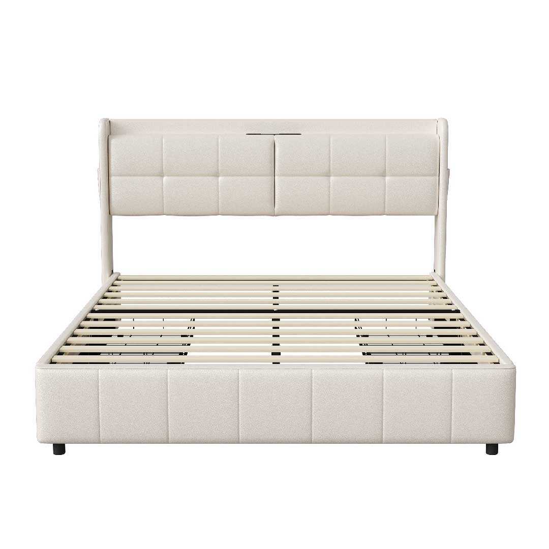 Frontansicht des Yelenaro Polsterbetts in Weiß – Kunstlederbett mit LED-Licht und stabilem Metallrahmen für 140x200 oder 160x200 cm.